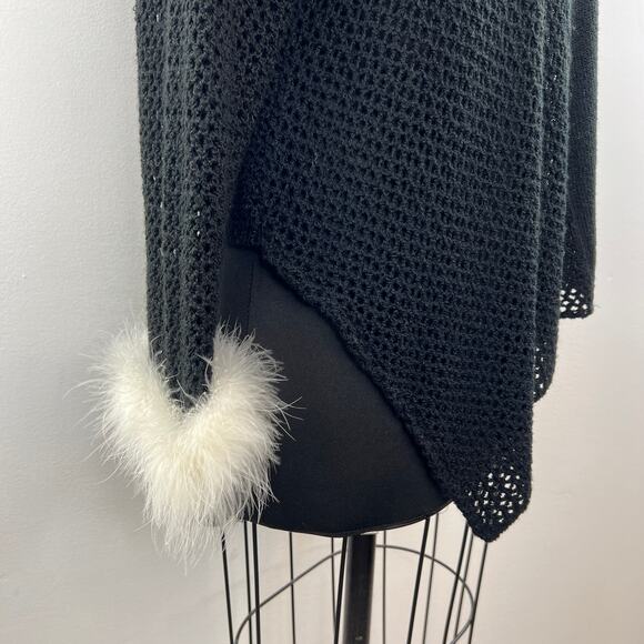 TERA BORA Black Long Sleeve Faux Fur Trim Open Knit Asymmetric Sweater Tunic 2 - Picture 4 of 7